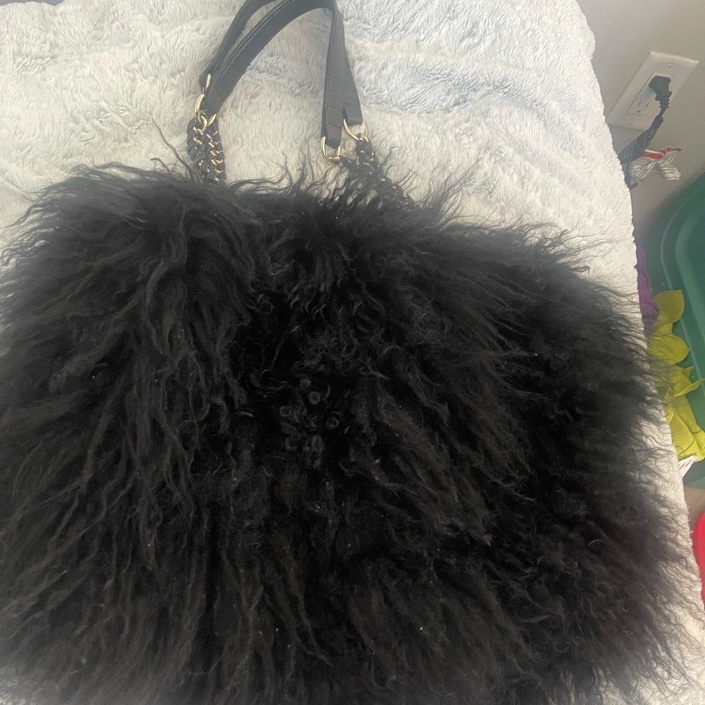 Aqua Madonna black long Mongolian fur handbag